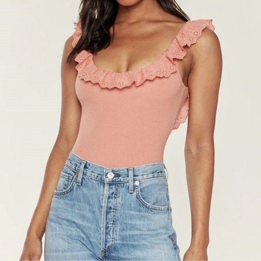 Revolve Capulet Dallas Ruffled Eyelet Bodysuit in Peach Crochet